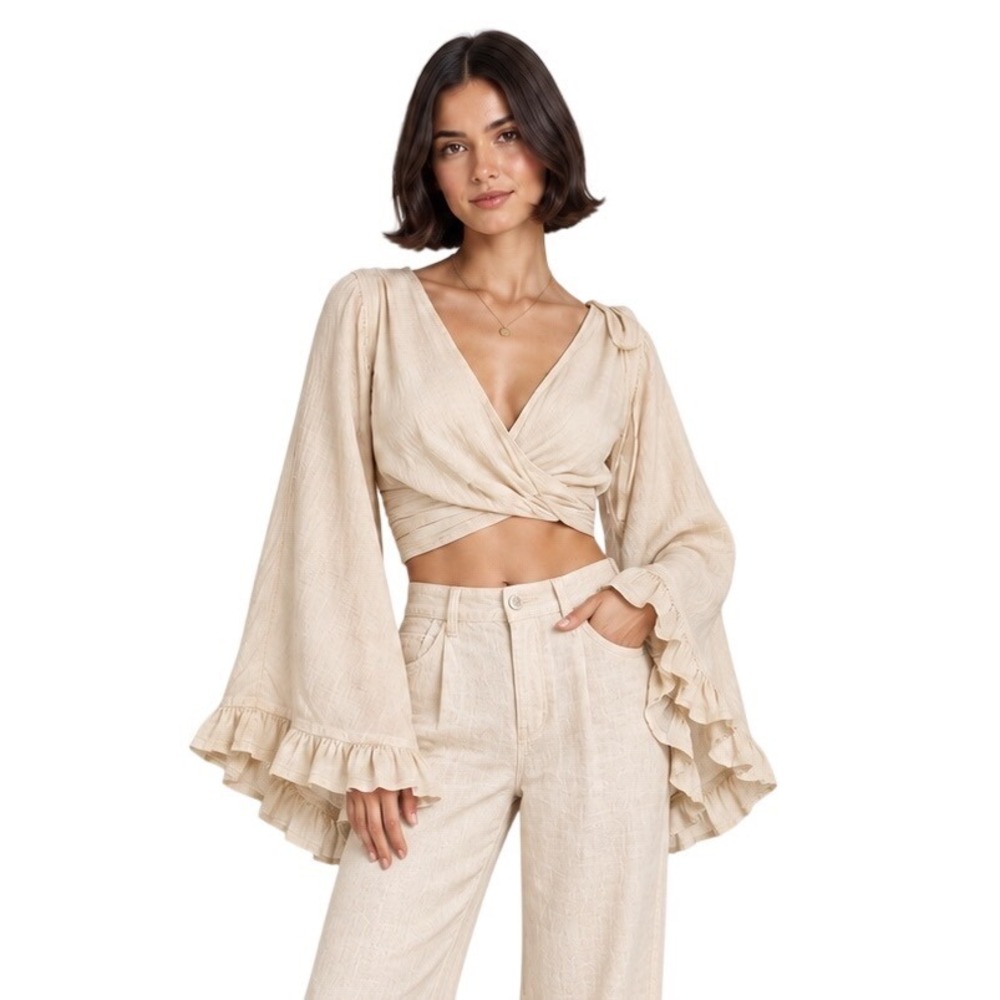 Karma Nepal Craft Festival Wrap Crop Top Flare Sleeve Ruffle Cream one size